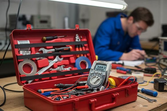 Un multímetro digital dentro de una caja de herramientas, en el fondo hay un técnico trabajando.