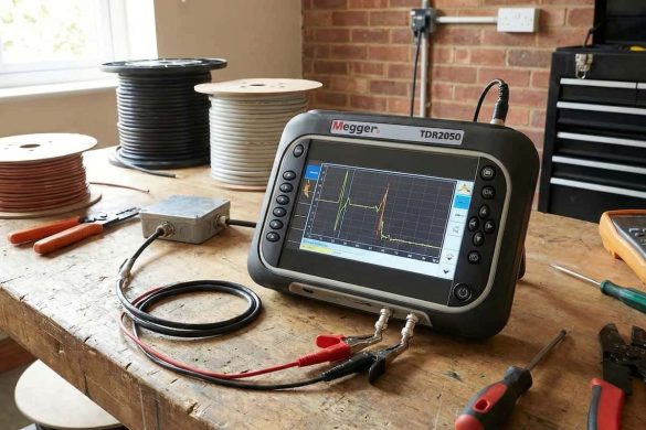 Un OTDR sobre una mesa conectado y siendo utilizado.