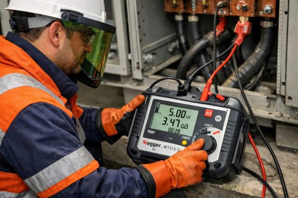 Un trabajador midiendo la resistencia de aislamiento con MEGGER 5KV MIT5152.
