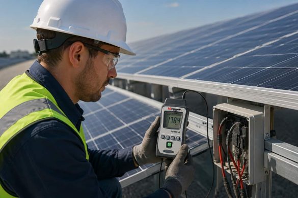 PVM210 megger meter​ - Un hombre instalando paneles solares con un PVM210 2
