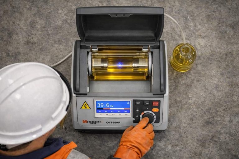 Un trabajador usando un MEGGER OTS60PB para medir la rigidez dieléctrica del aceite.